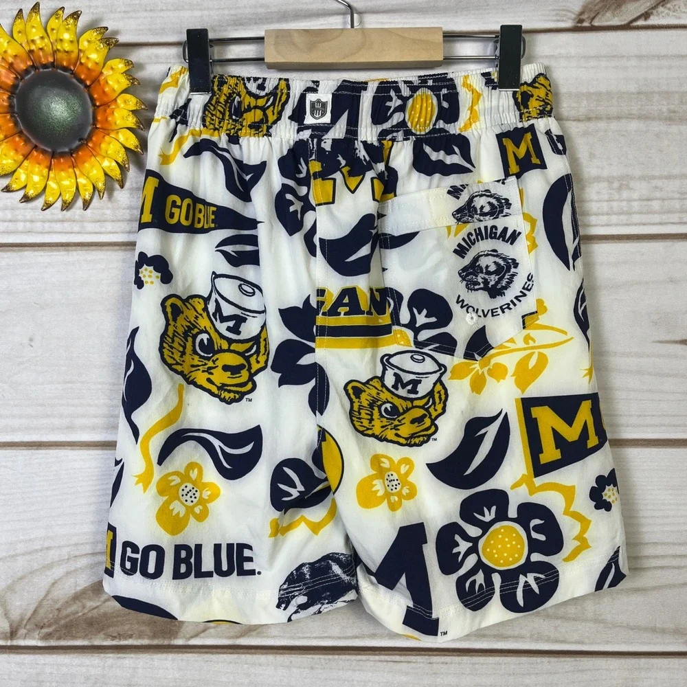 Wes‎ and Willy Michigan Wolverines Swim Trunks Kids Size L Blue Yellow